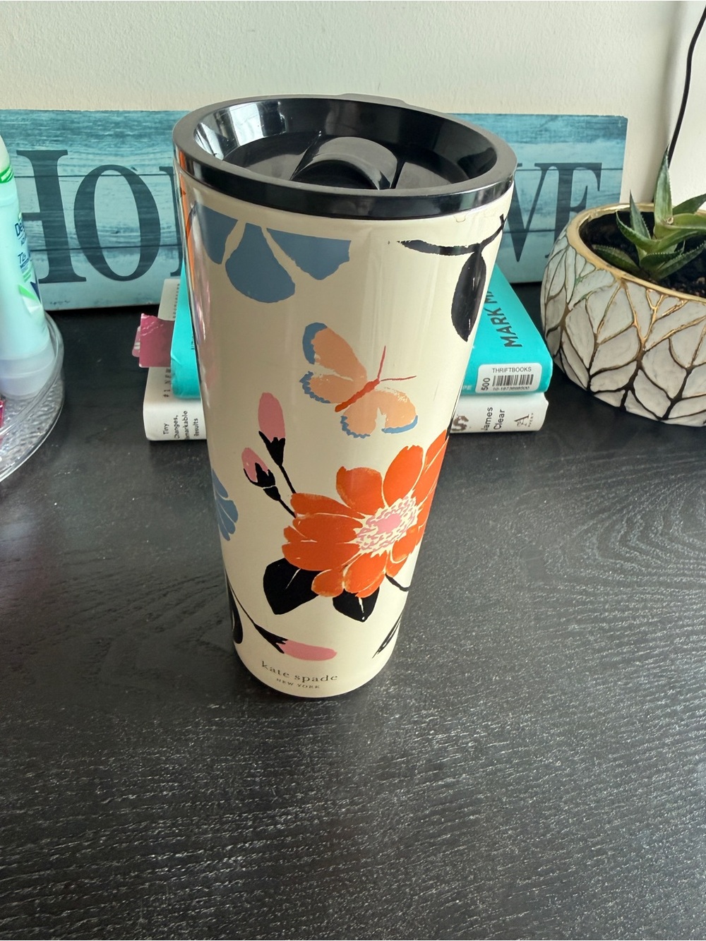 kate spade Cream Travel Tumbler with Orange Floral & Blue Accents